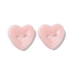 Керамические пуговицы, 2-луночное, сердце, розовые, 15x15x2.5 мм, отверстие : 1.6 мм