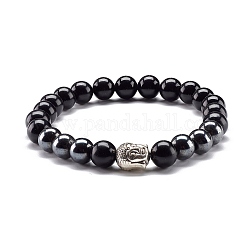 Obsidienne naturelle et perles rondes en hématite synthétique non magnétique bracelet extensible énergétique pour hommes femmes, bracelet en alliage tête de bouddha, diamètre intérieur: 2-1/4 pouce (5.6 cm)