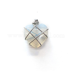 Opalite Copper Wire Wrapped Pendants, Heart Charms, Silver Color, 20mm