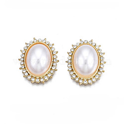 Cabochon in lega, con abs in plastica imitazione perla e strass,  cadmio& piombo libero, metà ovale, bianco, 19.5x16x6.5mm