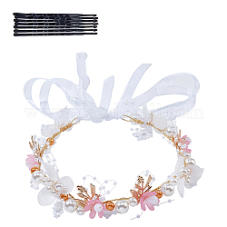 Plage de mariage mariée accessoires de cheveux décoratifs, bandeaux de fleurs en alliage, avec des billes en plastique, rose, 380~383x33x14mm