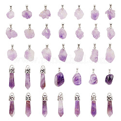 CHGCRAFT 34Pcs 3 Styles Natural Amethyst Pendants Bulk Bullet Necklace Amethyst Pendants Irregular Gemstone Charm with Findings for DIY Necklace Jewelry Making, 18mm to 38mm
