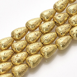 Electroplated Natural Lava Rock Beads Strands, Bumpy, Teardrop, Golden Plated, 11~12x7.5~8mm, Hole: 1mm, about 33pcs/strand, 15.1 inch