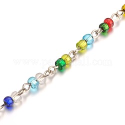 Handmade Glass Seed Beads Chains for Necklaces Bracelets Making, with Iron Eye Pin, Unwelded, Colorful, 39.3 inch