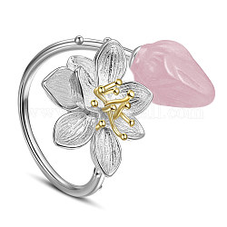 Anelli in argento sterling shegrace 925, anelli aperti, con quarzo rosa naturale, fiore, roso, misura degli stati uniti 8 1/2 (18.5mm)