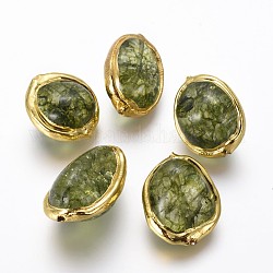 Perle di cristallo di quarzo naturale tinte, con accessori di ottone, pepite, oro, verde oliva, 20~28x17~19x11~16mm, Foro: 1.2 mm