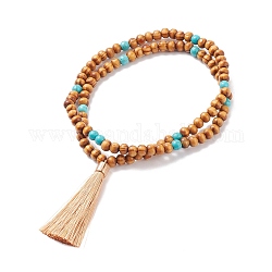 Collier bouddhiste, collier de perles en bois naturel et turquoise synthétique avec grand pendentif pompon pour femme, burlywood, 21.26 pouce (54 cm)