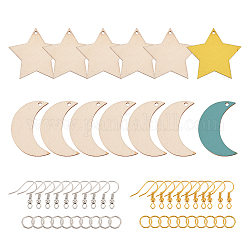 Pandahall elite diy kit de fabrication de boucles d'oreilles pendantes lune et étoile, y compris les crochets de boucle d'oreille en laiton, Pendentifs  gros en bois, anneaux de jonction en bronze, poussoirs d'oreilles en plastique, platine et d'or, 300 pcs / boîte