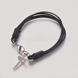 Unisex Charm Bracelets, with Cowhide Leather Cord, 304 Stainless Steel Pendants and Lobster Claw Clasp, Cross, Black, 7-1/2 inch(19cm)