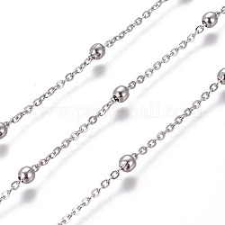 304 Edelstahl-Kabelketten, Satellitenketten, mit runden Perlen, gelötet, mit Spule, Flachoval, Edelstahl Farbe, Link: 2x1.7x0.3 mm, Perlen: 3.3x3 mm, ca. 82.02 Fuß (25m)/Rolle