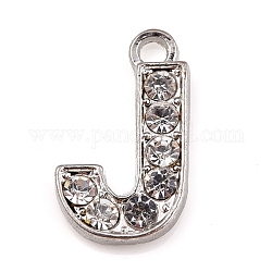 Alloy Rhinestone Letter Charms, Platinum Metal Color, Letter.J, 17x9.5x2mm, Hole: 1.5mm