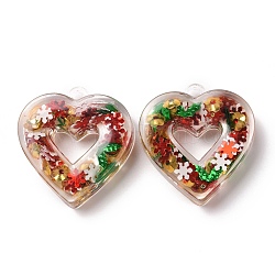 Ciondoli arilico trasparente, con pailette / paillettes all'interno, cuore, colorato, 31x29x8mm, Foro: 2.3 mm