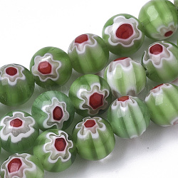 Chapelets de perles vernissées de millefiori manuelles, ronde, vert olive, 8mm, Trou: 1.2mm, Environ 48 pcs/chapelet, 14.17 pouce (36 cm)
