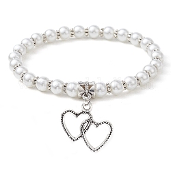 Bracciali di perline perla tratto vetro, con la lega incanta, cuore, diametro interno: 2-1/2 pollice (6.2 cm), ciondoli:23.5x23mm