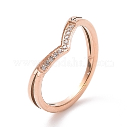 Anillo de dedo de onda de circonita cúbica transparente, chapado en iones (ip) 304 joyería de acero inoxidable para mujer, oro rosa, nosotros tamaño 5 3/4~9 (16.3~18.9 mm)