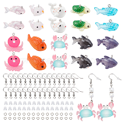 Chgcraft kits de fabrication de boucles d'oreilles en forme de poisson, y compris les pendentifs en résine de requin et de baleine et de poisson rouge et de poulpe, Crochets d'oreille en laiton, couleur mixte, 110 pcs /sachet 