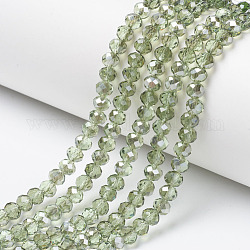 Galvanisieren transparente Glasperlen Stränge, halb grau plattiert, facettiert, Rondell, hellgrün, 4x3 mm, Bohrung: 0.4 mm, ca. 123~127 Stk. / Strang, 16.5~16.9 Zoll (42~43 cm)