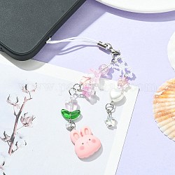 樹脂ウサギ&ガラスビーズ携帯ストラップ  ナイロンコードモバイルアクセサリー装飾  ピンク  16.2cm