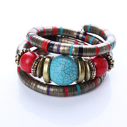 Personnalisés 3 bracelets wrap de fer -loop, avec perles synthétiques en perles rondes turquoises turquoises et ccb, colorées, 51mm