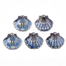 Handmade Porcelain Pendants, Fancy Antique Glazed Porcelain, Scallop Shell Shape, Royal Blue, 28.5x30x6mm, Hole: 2mm