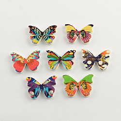 Boutons en bois imprimé avec 2 trou, papillon, couleur mixte, 21x28x3mm, Trou: 1.5mm
