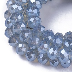 Abalorios de vidrio electroplate hebras, lustre de la perla chapado, facetados, rerondana plana, azul claro, 6x4.5~5mm, agujero: 1 mm, aproximamente 85~88 pcs / cadena, 16.1~16.5 pulgada (41~42 cm)