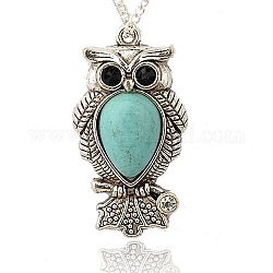 Vintage Owl Alloy Synthetic Turquoise Pendants, with Rhinestones, Antique Silver, Aquamarine, 42x22.5x7mm, Hole: 2mm