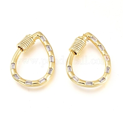 Brass Micro Pave Cubic Zirconia Screw Carabiner Lock Charms, for Necklaces Making, Teardrop, Golden, Clear, 24.5x18x5mm