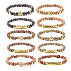 Ensemble de bracelets extensibles en perles de bois, avec perles d'hématite synthétique et perles de laiton, couleur mixte, diamètre intérieur: 2-1/4 pouce (5.7 cm), 2 pièces / kit