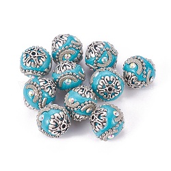 Perles Indonésiennes manuelles, avec strass et les accessoires en laiton, ronde, argent antique, turquoise foncé, 15~17x15~15.5mm, Trou: 1.5mm