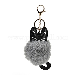 Porte-clés en cuir pu chat mignon et imitation boule de fourrure de lapin rex, avec fermoir en alliage, pour la décoration de clé de voiture de sac, grises , 18 cm