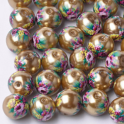 Perlas de vidrio de imitación perlas impresas y pintadas con spray, redondo con estampado de flores, vara de oro oscuro, 8~8.5x7.5mm, agujero: 1.4 mm