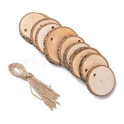 Decoraciones colgantes grandes de madera redonda plana, con cuerda de cáñamo, burlywood, 54~65x53~70x7.5~10mm, agujero: 5.5 mm, cuerda de cáñamo: 275x1 mm, 10 unidades / bolsa
