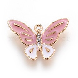 Zinc Alloy Pendants, with Enamel and Rhinestone, Butterfly, Light Gold, Pink, 18x25.5x3.5mm, Hole: 1mm