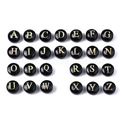 Handmade Lampwork Beads, with Golden Plated Brass Etched Metal Embellishments, Flat Round with Letter A~Z, Black, 8x5mm, Hole: 0.8mm, about 26pcs/set
