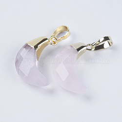 Faceted Natural Rose Quartz Pendant, with Golden Plated Brass Findings, Moon, 18~19x11~12x4.5~5.5mm, Hole: 3.5x6mm
