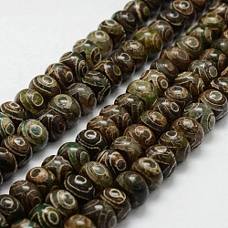 Fili di perline dzi a 3 occhio in stile tibetano, agata naturale perle, tinti e riscaldato, rondelle, verde oliva scuro, 14~14.5x9.5~10mm, Foro: 2.5 mm, circa 37pcs/filo, 14.2 pollice (360 mm)