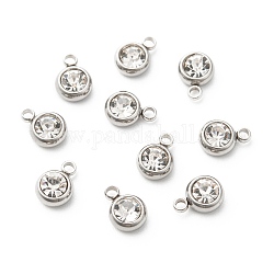 201 Stainless Steel Rhinestone Charms, April Birthstone Charms, Flat Round, Stainless Steel Color, Crystal, 8.5x6x3mm, Hole: 1.5mm