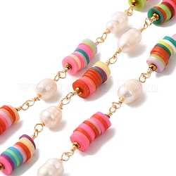 Cadenas de perlas naturales, cadenas de eslabones de arcilla polimérica heishi, con fornituras de latón de tono de oro, con carrete, sin plomo y cadmio, color mezclado, enlace de arcilla polimérica: 22.5x6 mm, perla: 15.5~16x5.5x6 mm