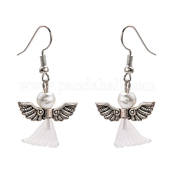 Lovely Wedding Dress Angel Dangle Earrings, with Tibetan Style Beads, Glass Pearl Beads, Transparent Acrylic Beads and Brass Earring Hooks, White, 40mm