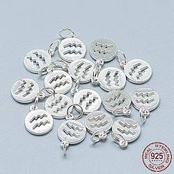 Encantos de plata 925 esterlina, con anillo de salto, ronda plana con constelación / signo del zodiaco, Acuario, 12x10x1.5mm, agujero: 4 mm
