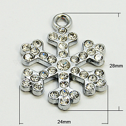 Alloy Rhinestone Pendants, Christmas Snowflake, Platinum Metal Color, 28x24x3mm, Hole: 2.5mm