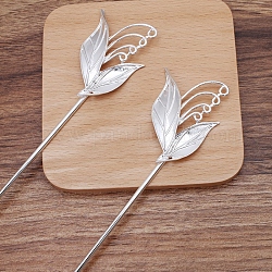 Iron Hair Stick Finding, with Alloy Leaf, Silver, Pin: 120x2.5mm