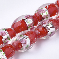 Argent à la main feuille perles de verre au chalumeau, ovale avec des fleurs, rouge, 16~17x9~11mm, Trou: 1.5~2mm