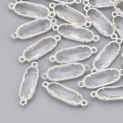 Glass Links, with Silver Color Plated Eco-Friendly Alloy Findings, Faceted, Oval, Clear, 21x7x3mm, Hole: 1.2mm