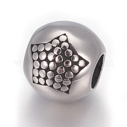 Rétro 316 perles de style européen en acier inoxydable chirurgical, Perles avec un grand trou   , ronde avec des étoiles, argent antique, 10mm, Trou: 4.5mm