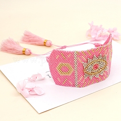 Freundschaftsauge Loommuster Saatperlen Armbänder für Frauen, verstellbare geflochtene Perlenarmbänder aus Nylonschnur mit Quasten, rosa, 11 Zoll (28 cm), 40 mm