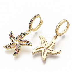 Brass Micro Pave Colorful Cubic Zirconia Dangle Hoop Earrings, Starfish/Sea Stars, Real 16K Gold Plated, 35.5mm, Pin: 1x1mm