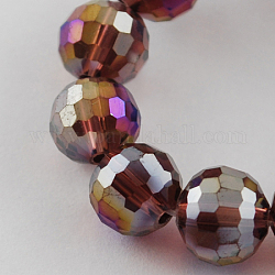 Chapelets de perles en verre électroplaqué, de couleur plaquée ab , facette, ronde, brun, 8mm, Trou: 1mm, Environ 72 pcs/chapelet, 21.8 pouce