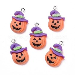 Pendentifs en résine opaque d'halloween, avec boucles en fer couleur platine, citrouille avec chapeau violet, orange, 26x16.5x7mm, Trou: 2mm